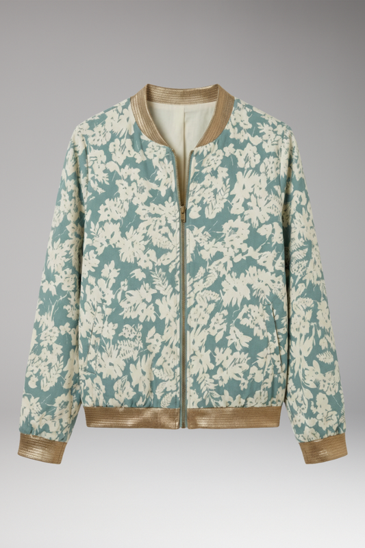 Women's Floral Bomber Jacket Zipper Elastic - 
Fashinoza
