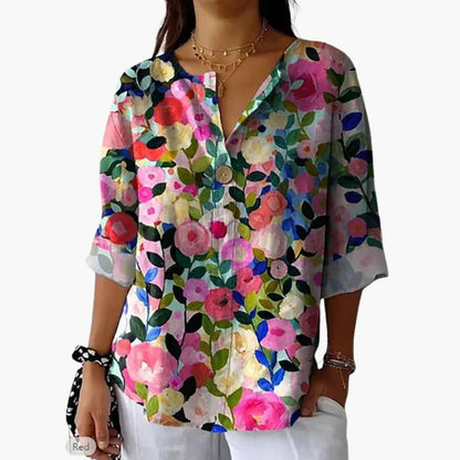 Women's Long Sleeve Button-Down Blouse Floral Woven White
