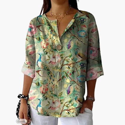 Women's Long Sleeve Button-Down Blouse Floral Woven White