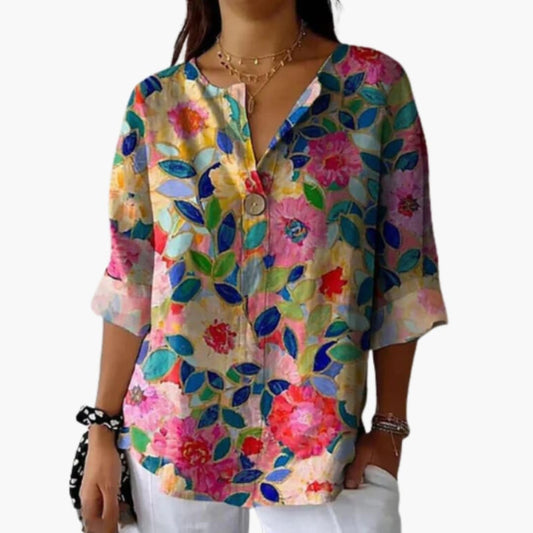 Women's Long Sleeve Button-Down Blouse Floral Woven White - Fashinoza