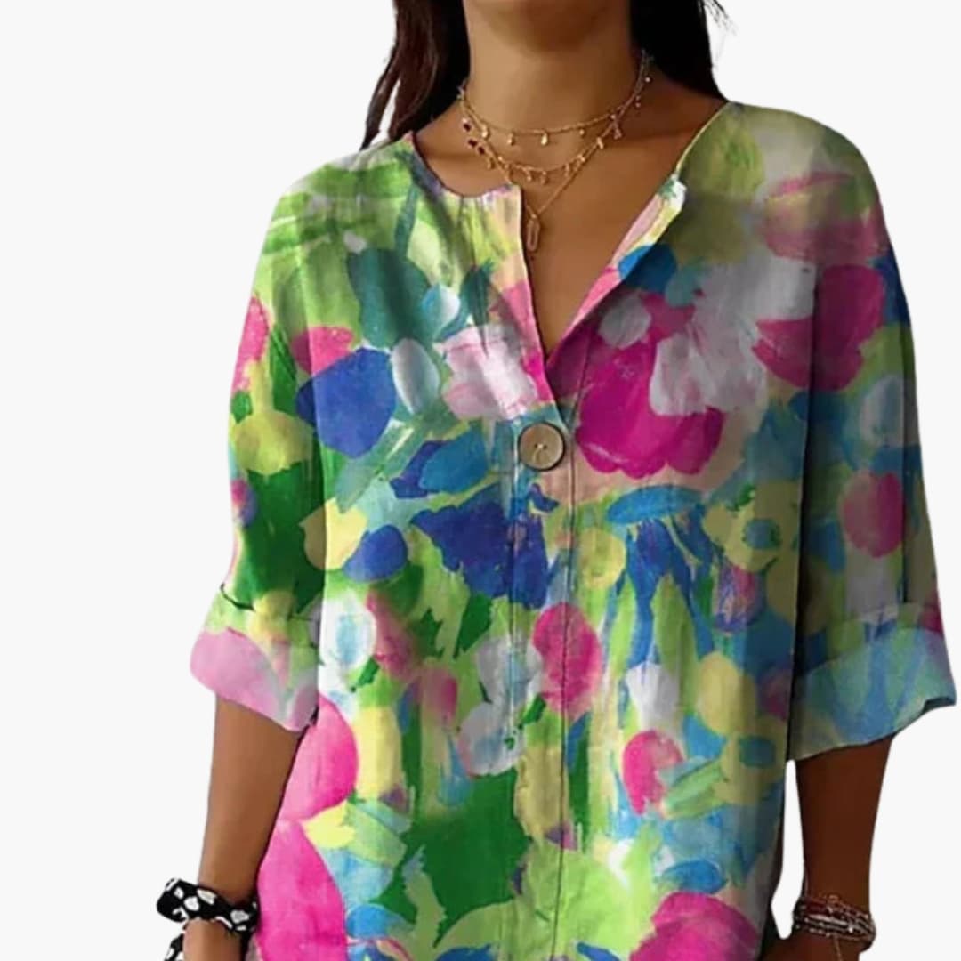 Women's Long Sleeve Button-Down Blouse Floral Woven White