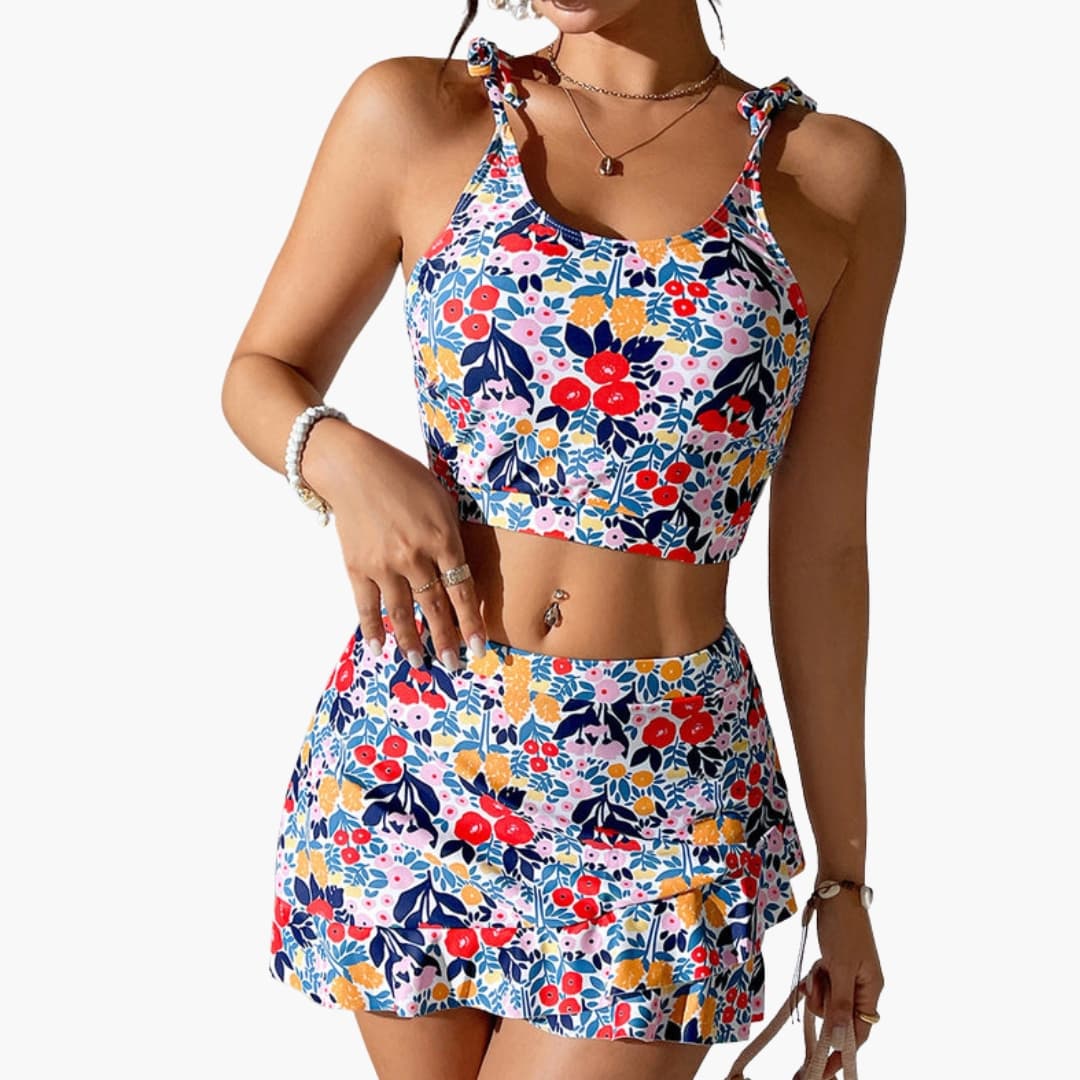 Women's Floral Crop And Ruffle Skirt Set - Fashinoza