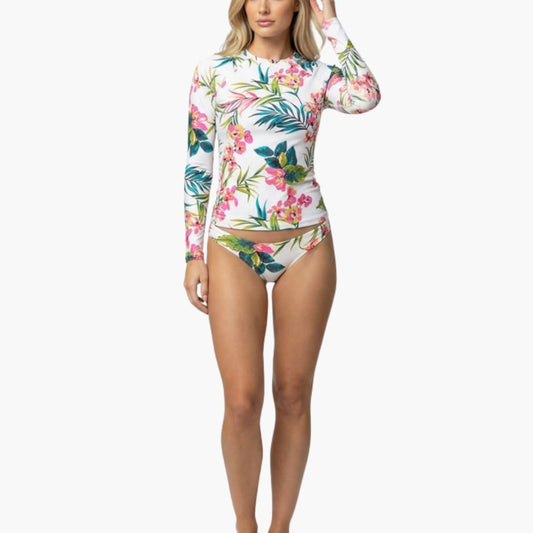 Women's Floral Long Sleeve Rash Guard Swimsuit Set Front Zip - Fashinoza