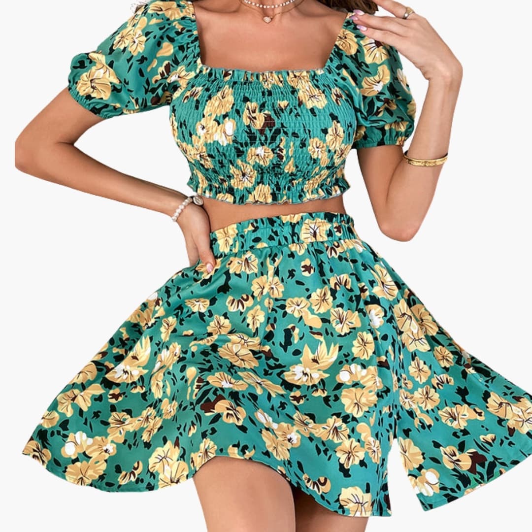 Women's Floral Two-Piece Midi Skirt Set Cotton Summer Outfit - Fashinoza