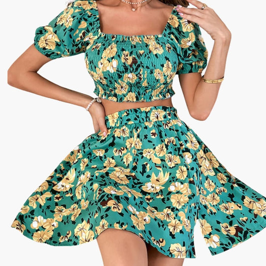 Women's Floral Two-Piece Midi Skirt Set Cotton Summer Outfit - Fashinoza