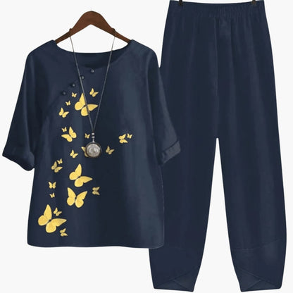 Women's Floral Two Piece Short Sleeve Straight Leg Pants