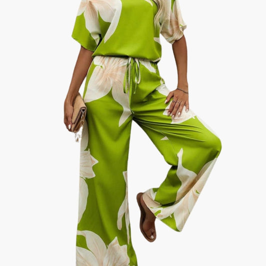Women's Floral Two-Piece V-Neck And Wide Leg Pants Set - Fashinoza