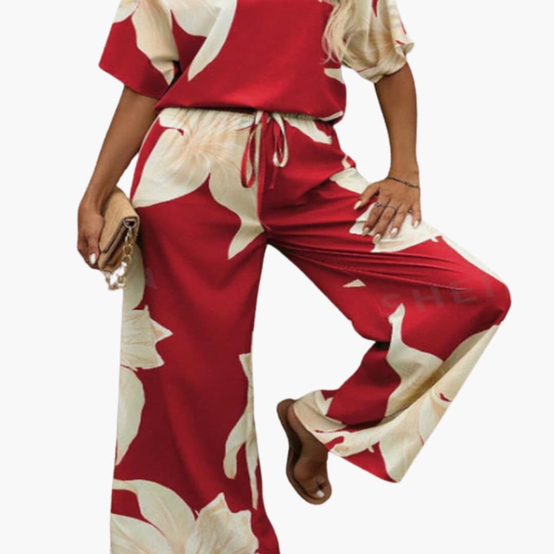 Women's Floral Two-Piece V-Neck And Wide Leg Pants Set
