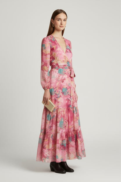 Women's Maxi Dress Wrap Neckline Tie Waist