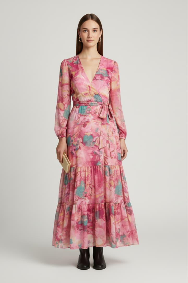 Women's Maxi Dress Wrap Neckline Tie Waist