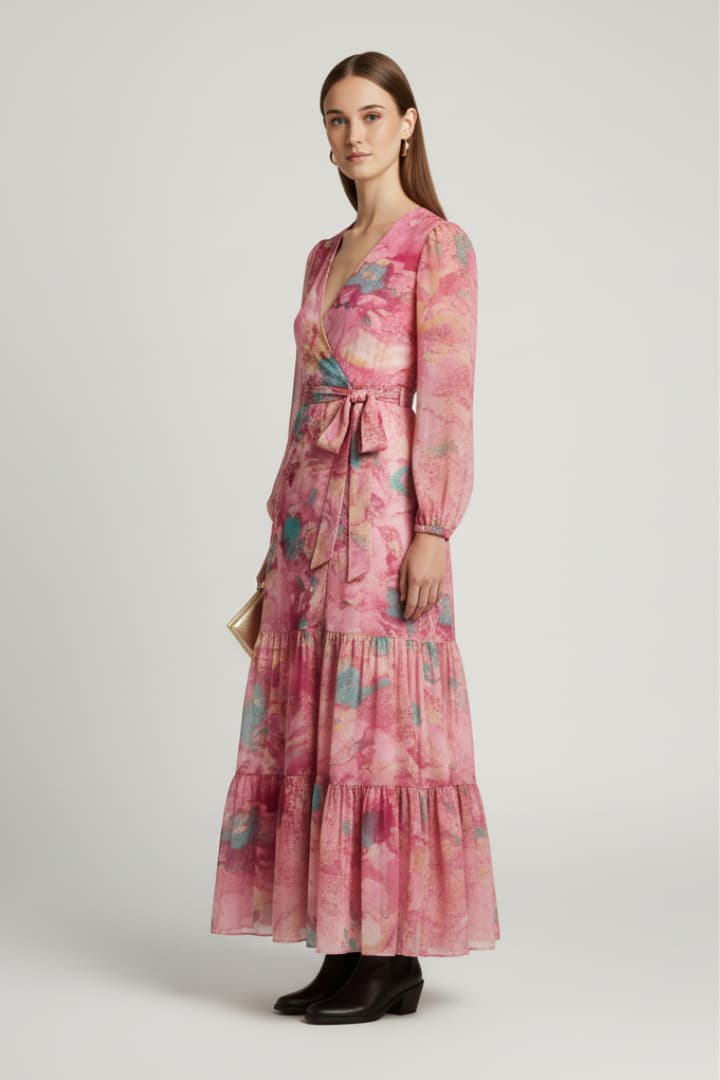 Women's Maxi Dress Wrap Neckline Tie Waist