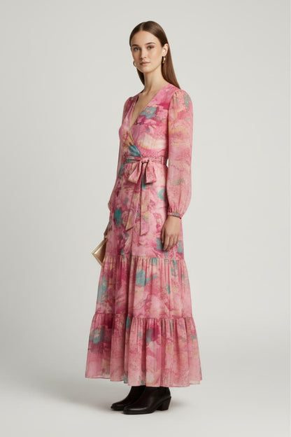 Women's Maxi Dress Wrap Neckline Tie Waist