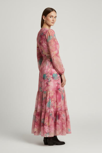 Women's Maxi Dress Wrap Neckline Tie Waist