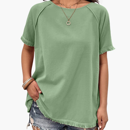 Women's Crew Neck Short Sleeve T-Shirt Fringe Sleeves - Fashinoza
