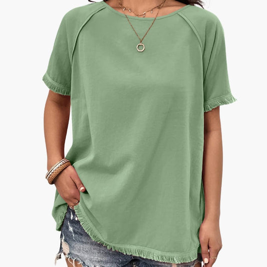 Women's Crew Neck Short Sleeve T-Shirt Fringe Sleeves - Fashinoza