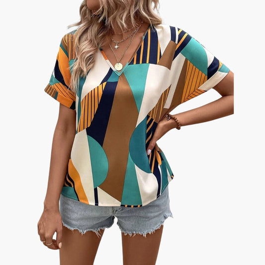 Women's Short Sleeve V-Neck T-Shirt Geometric Print - Fashinoza