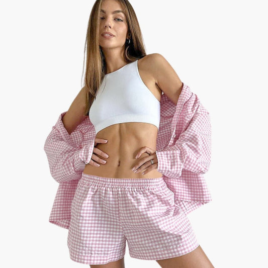 Women's Gingham Two-Piece Shorts Set - Fashinoza