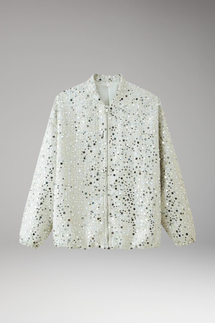 Women's Glitter Bomber Jacket Zipper Stand Collar - 
Fashinoza