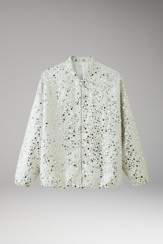 Women's Glitter Bomber Jacket Zipper Stand Collar - 
Fashinoza