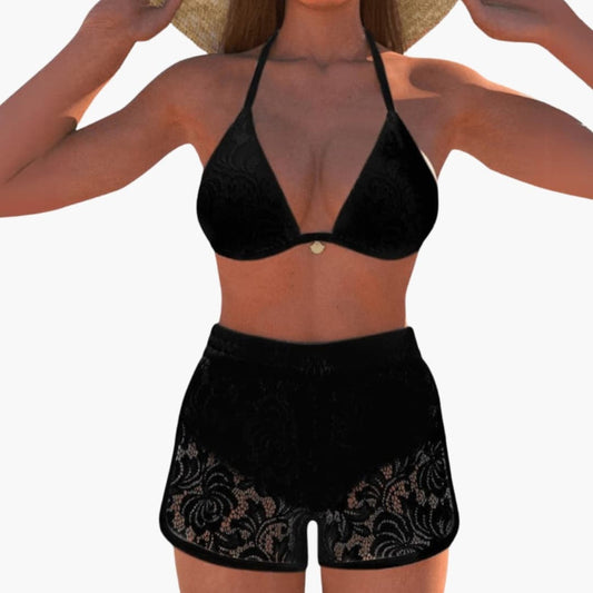 Women's Halter Bikini Set Lace Trim - Fashinoza