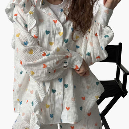 Women's Heart Print Two Piece And Shorts Set