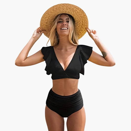 Women's Ruffled Sleeve High Waisted Bikini Set - Fashinoza