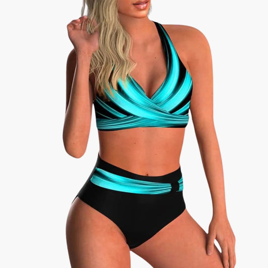 Women's High Waisted Bikini Set Cross Front - Fashinoza