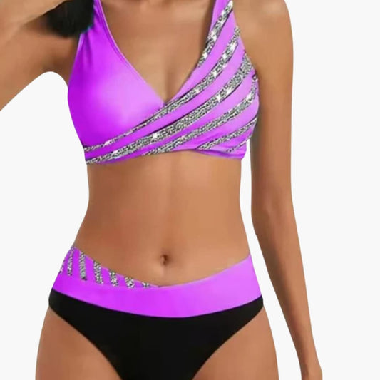 Women's Glitter Stripe High Waisted Bikini Set - Fashinoza