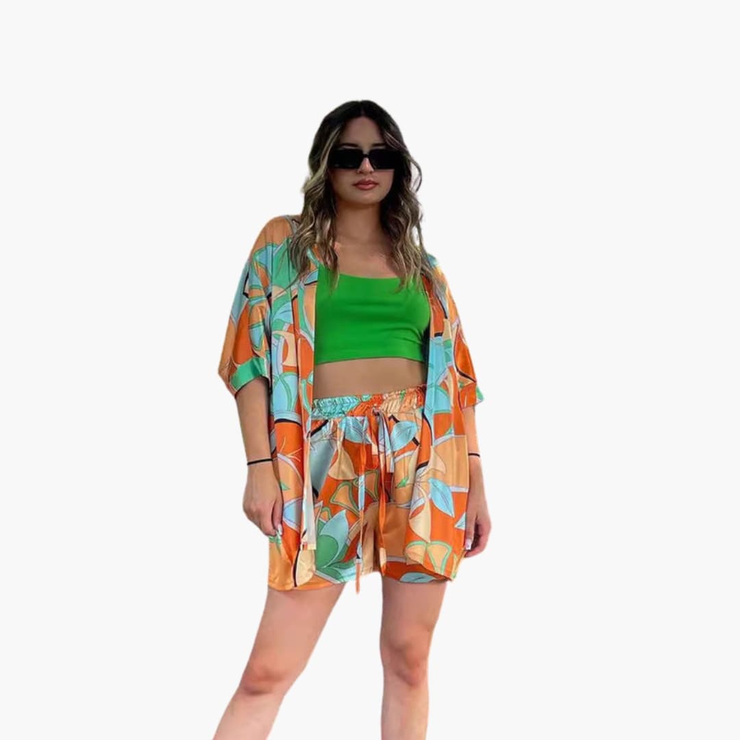 Women's Two-Piece Jacket Shorts Set Zip-Up Elastic Waist - Fashinoza