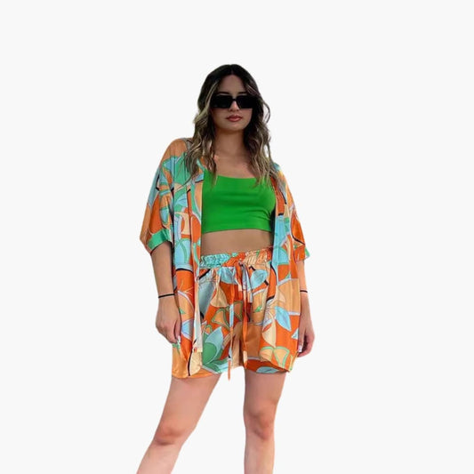 Women's Two-Piece Jacket Shorts Set Zip-Up Elastic Waist - Fashinoza