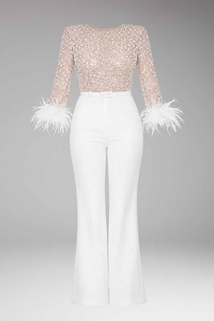 Women's Sequined Jumpsuit Feather Cuffs - 
Fashinoza