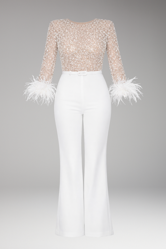 Women's Sequined Jumpsuit Feather Cuffs - 
Fashinoza
