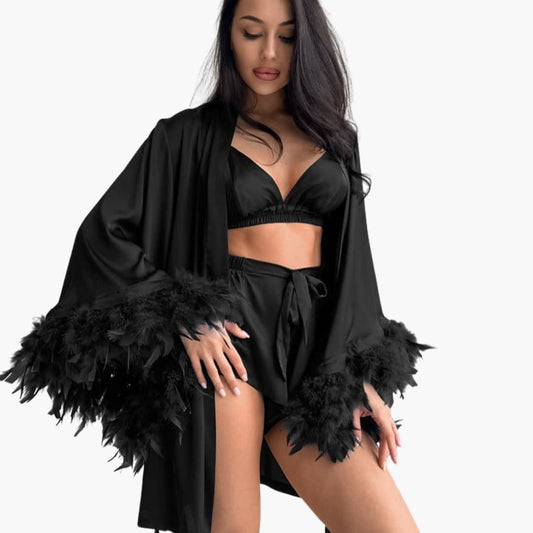 Women's Open Front Kimono Feather Trim - Fashinoza