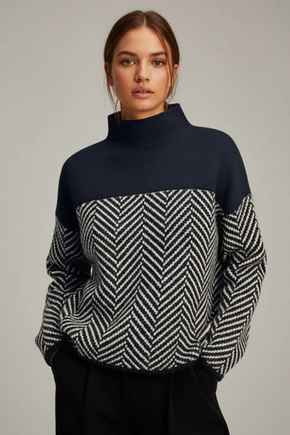 Women's Knit Sweater Two-Tone Stand Collar