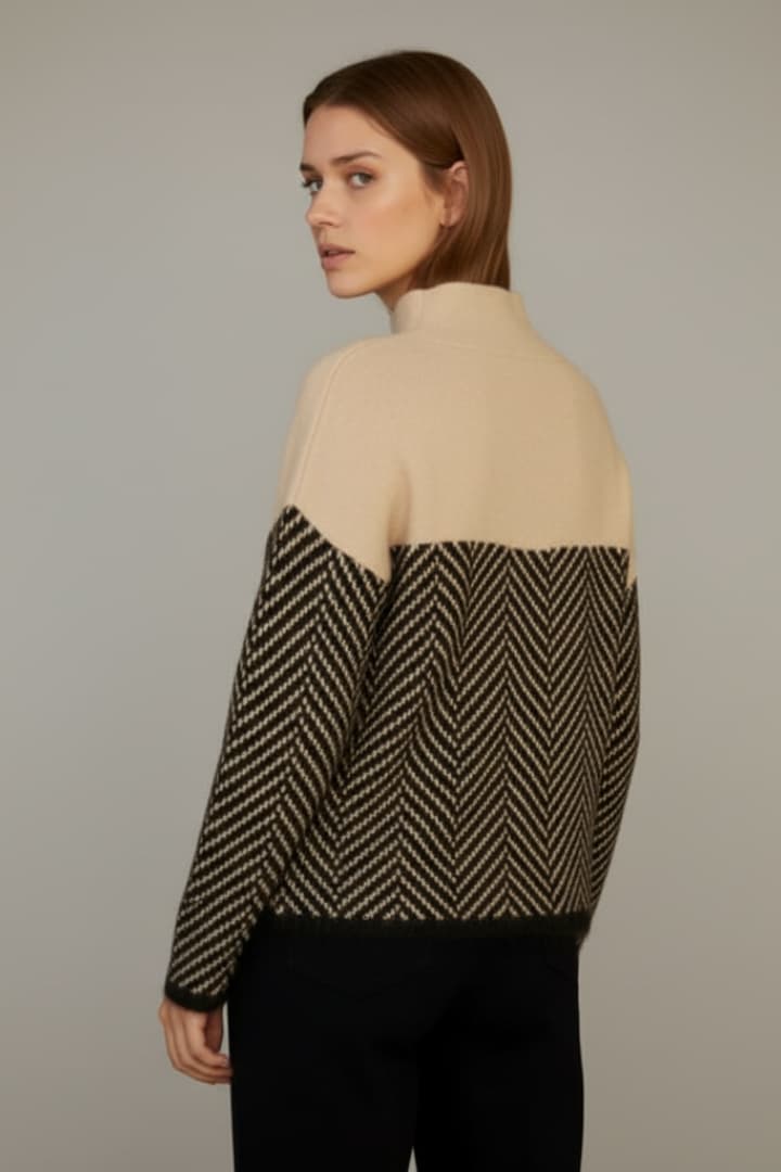 Women's Knit Sweater Two-Tone Stand Collar