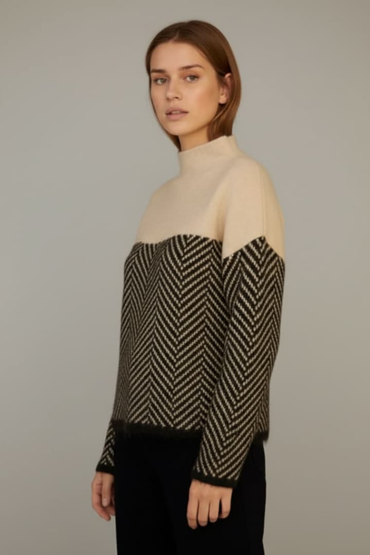 Women's Knit Sweater Two-Tone Stand Collar