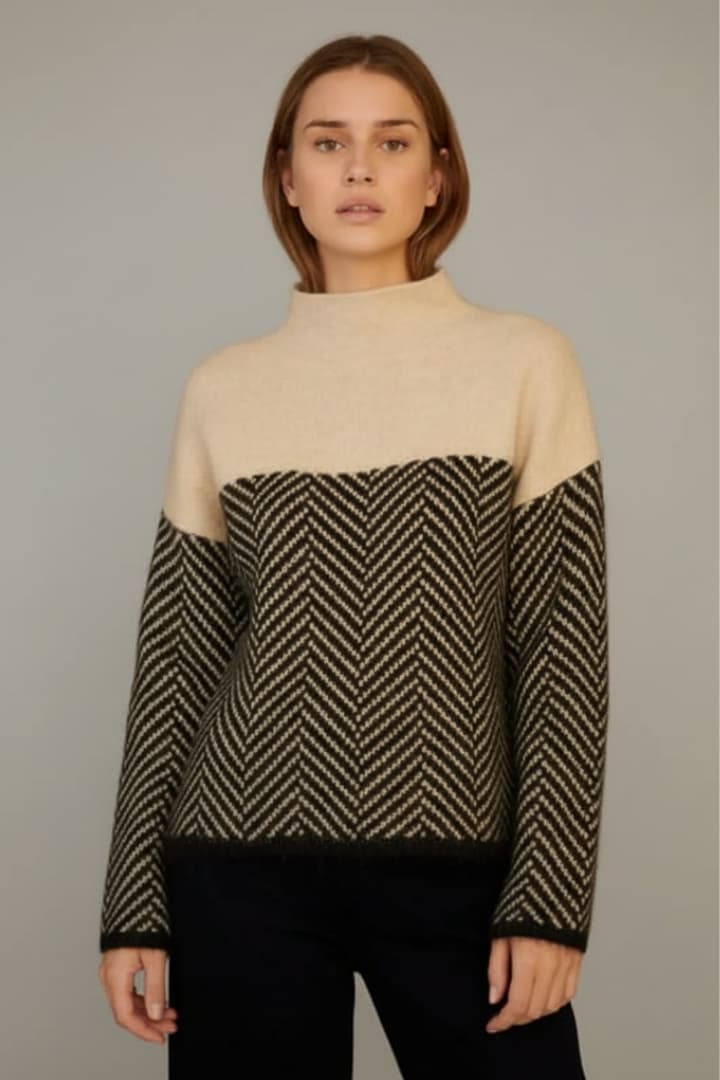Women's Knit Sweater Two-Tone Stand Collar