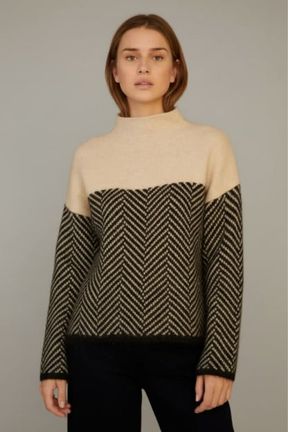 Women's Knit Sweater Two-Tone Stand Collar