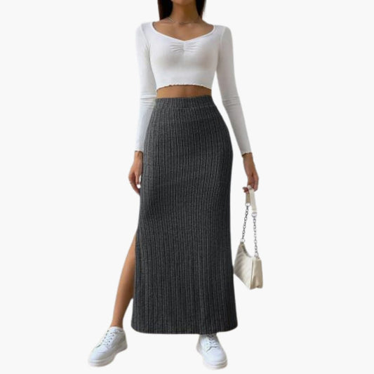 Women's Knitted Midi Skirt Elastic Waistband - Fashinoza