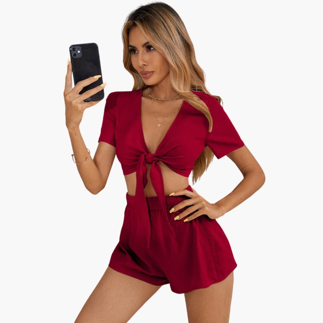 Women's V-Neck Knot Front Two-Piece And Shorts Set
