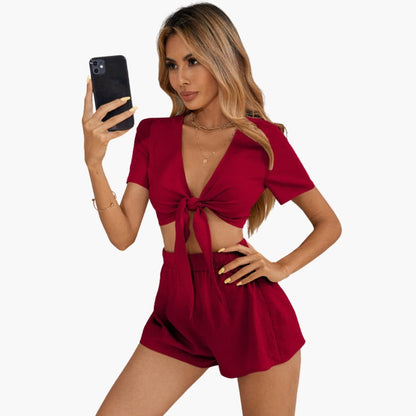 Women's V-Neck Knot Front Two-Piece And Shorts Set