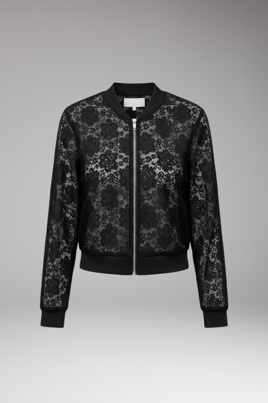 Women's Lace Bomber Jacket Zip Elastic Cuffs - 
Fashinoza