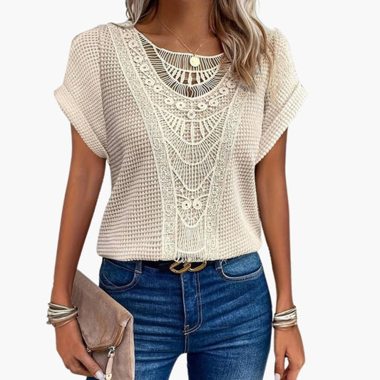 Women's Lace Crew Neck T-Shirt - Fashinoza