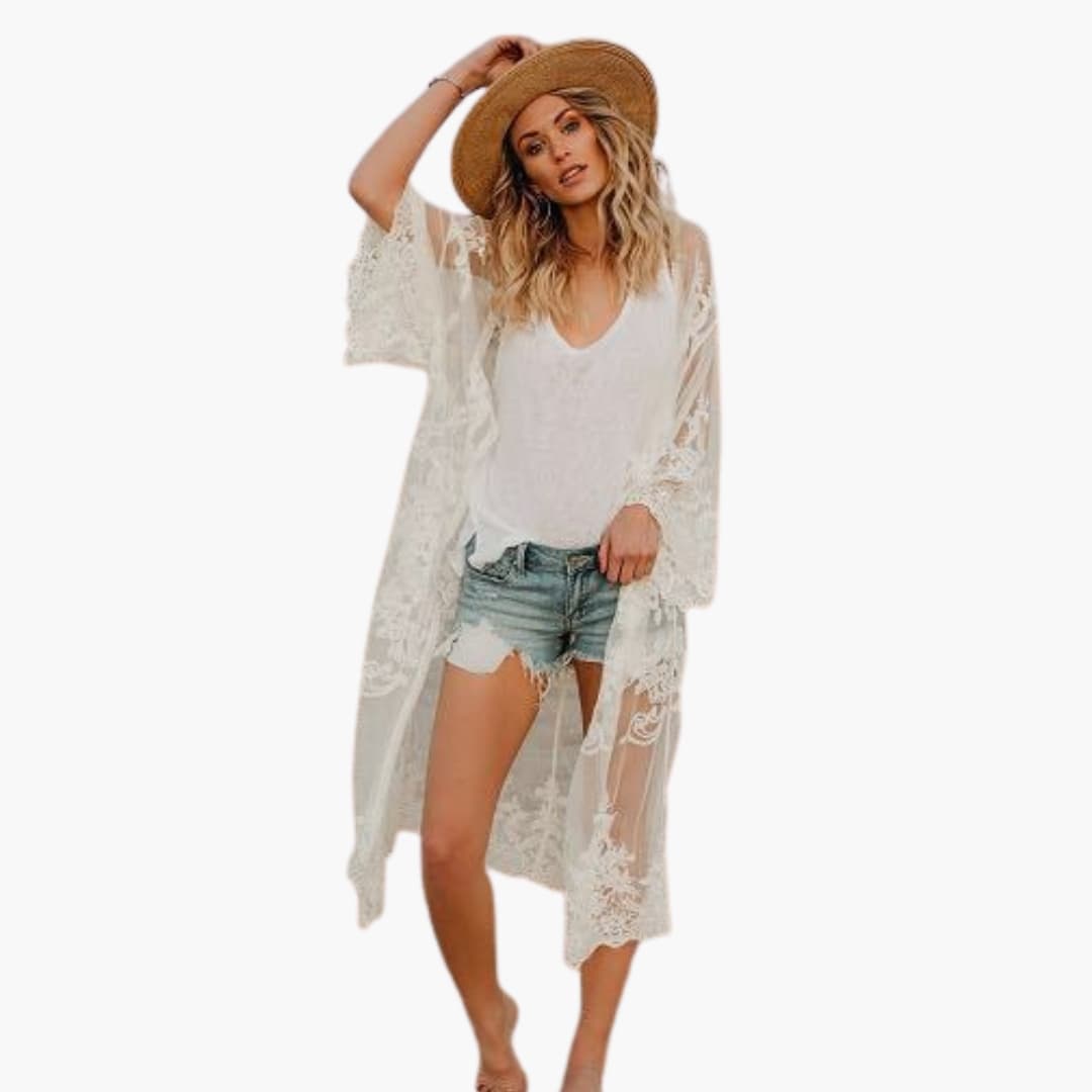 Women Lace Blouse Open Front Short Sleeves - Fashinoza