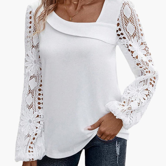 Women's Lace Crew Neck Blouse Long Sleeve Woven White - Fashinoza