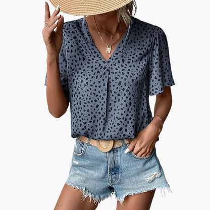 Women's V-Neck Leopard Tee Elbow Sleeves