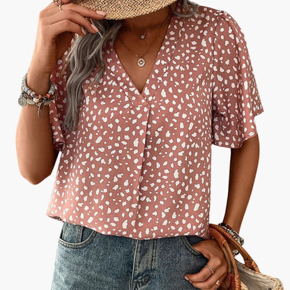 Women's V-Neck Leopard Tee Elbow Sleeves