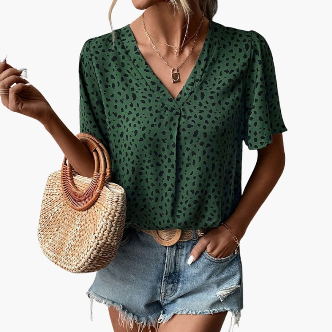 Women's V-Neck Leopard Tee Elbow Sleeves