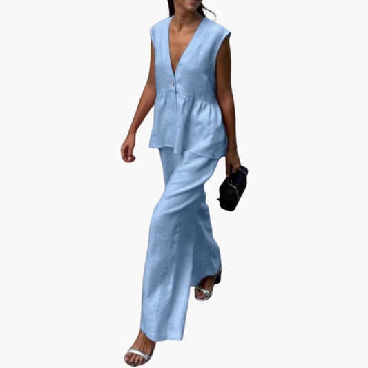 Women's Linen Two-Piece Deep V-Neck And Wide Leg Pants Set - Fashinoza