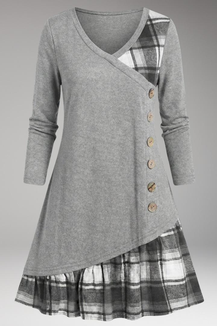 Women's Plaid A-Line Dress Long Sleeve High Collar - 
Fashinoza